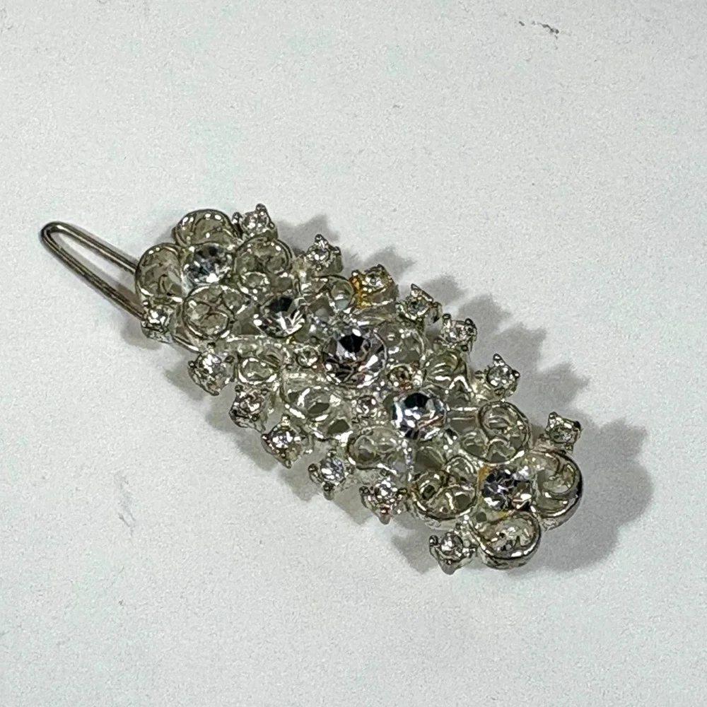 Vintage Silver Tone Rhinestone Hair Barrette Accessory Clip Retro Sparkle